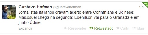 Gustavo Hofman, via Twitter, falou sobre acerto de Maicosuel com o Corinthians