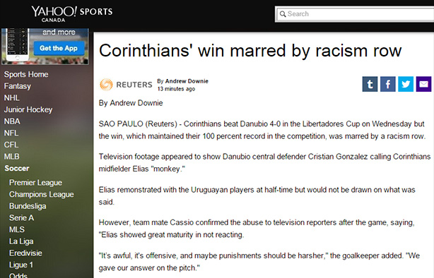 Yahoo sports fala sobre racismo na vitria do Corinthians