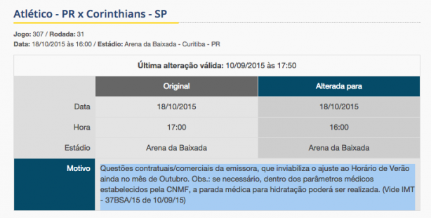 Alteração do horário da partida entre Atlético-PR e Corinthians