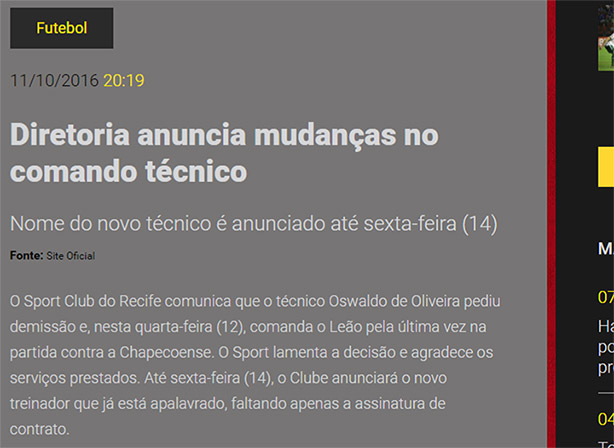 Publicao no site do Sport Recife
