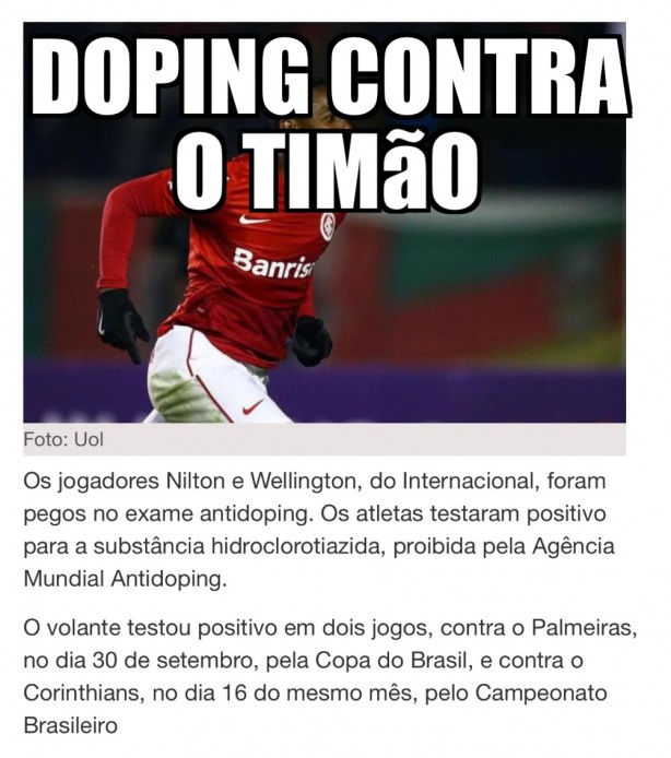 Atletas do Inter so pegos no doping em partida contra o Corinthians
