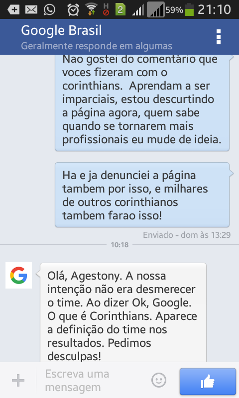 Google Brasil pede desculpas por comentário sobre o Corinthians no facebook
