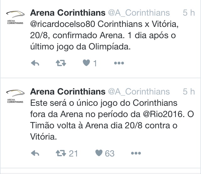 Comfirmado: Corinthians x Vitria será na Arena