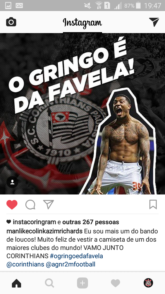 Kazim postou no Instagram que  do Corinthians
