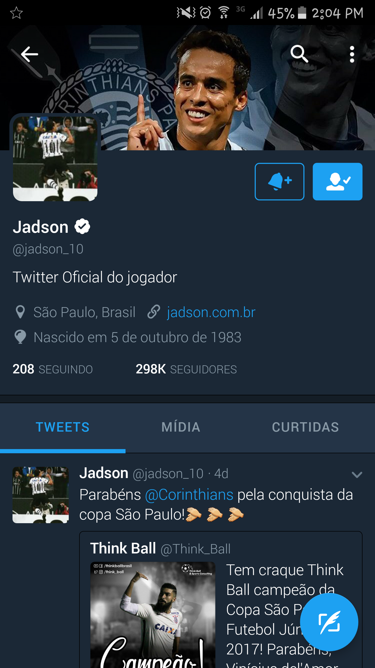 Twitter do Jadson agora 14:00