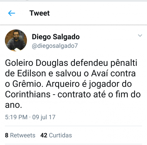 Goleiro Douglas tem contrato com o Corinthians at DEZ.