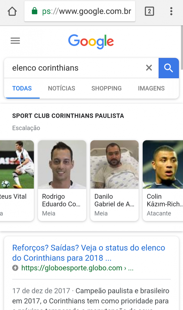 Pesquisando elenco do Corinthians no Google